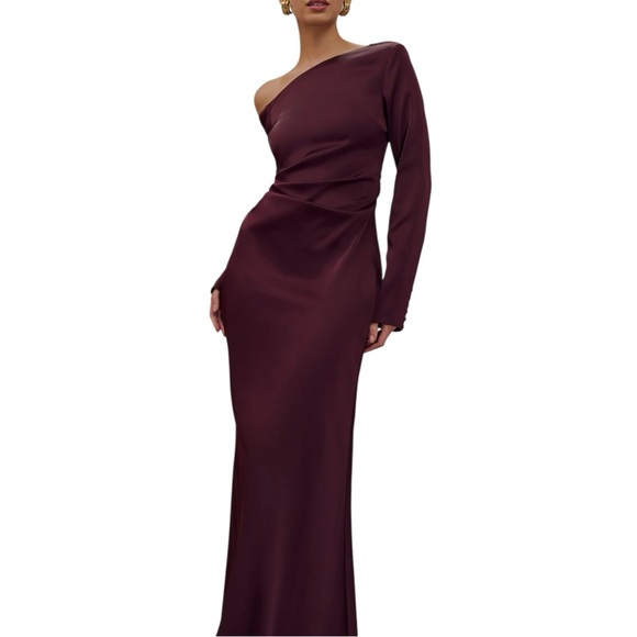 Meshki Avery Plum One Shoulder Maxi Dress S Long Sleeve Ruched Evening Gown - Picture 2 of 14